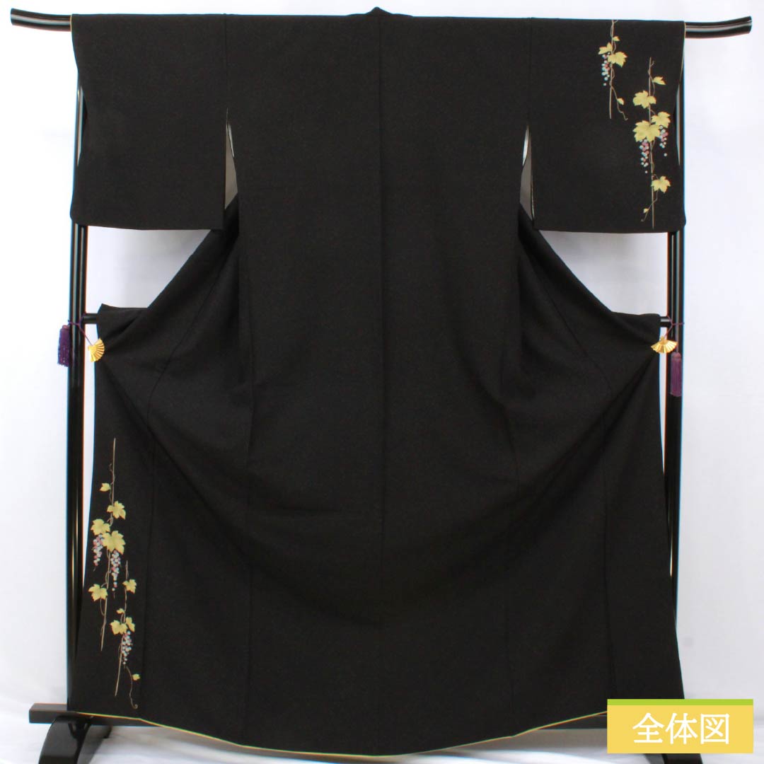 Visiting Kimono, Polyester, S Rank, Lined, Length 166.5cm, Sleeve Length 68cm, Designed by Kansai Yamamoto, Grape Pattern, Washable, Tsukesage, Black, Product Number: 1112006942510
