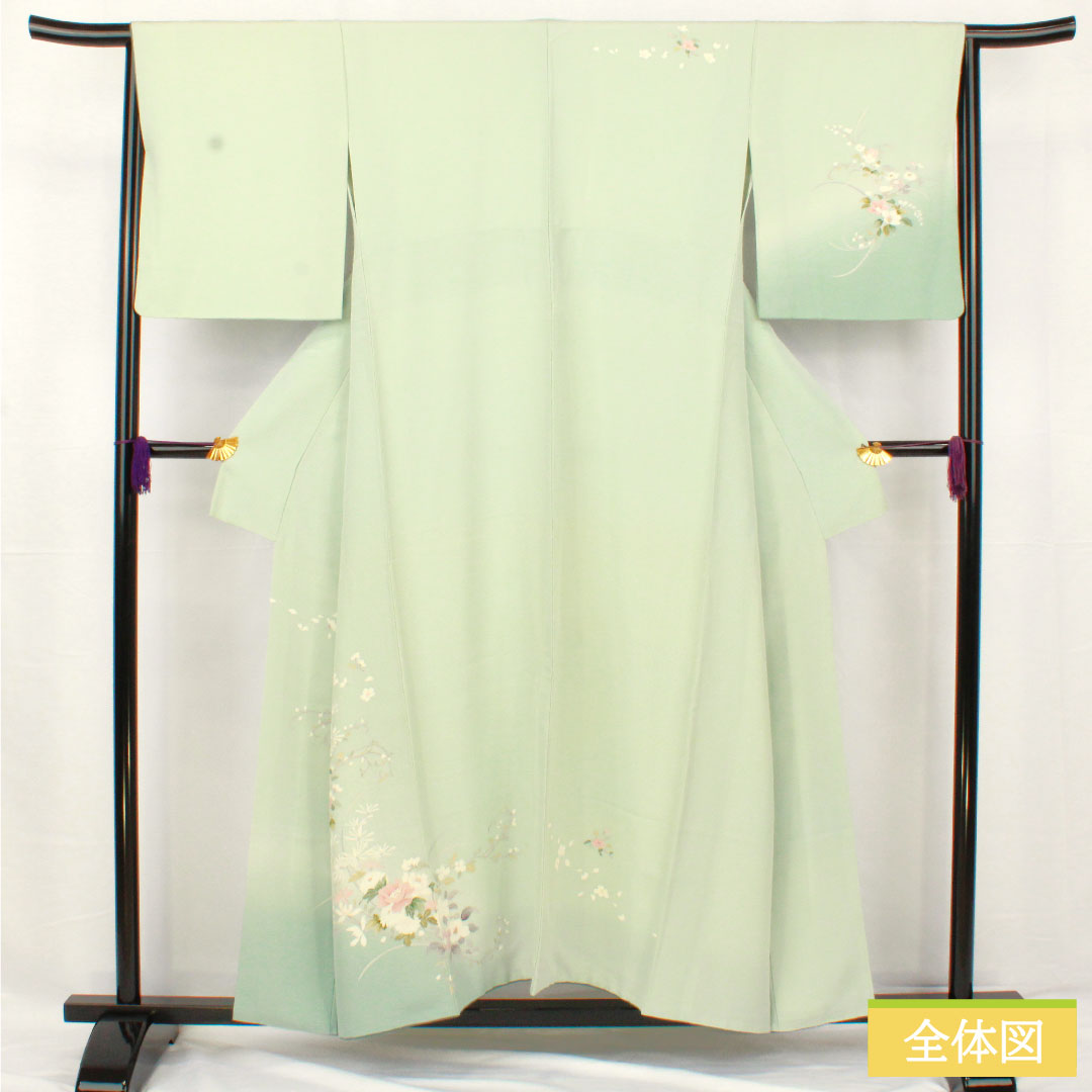 訪問着 正絹 袷 身丈153cm 裄丈65.5cm 秘色(ひそく) 京友禅 桜 椿 菊 スーパーガード加工 Aランク 水色系 1112005503224