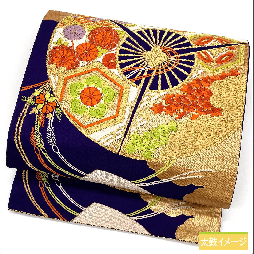 Fukuro Obi, pure silk, blue-purple, fan-shaped, tortoiseshell, chrysanthemum, diamond, obi length 422cm, S rank, six-pass, formal, purple, 1123011782320