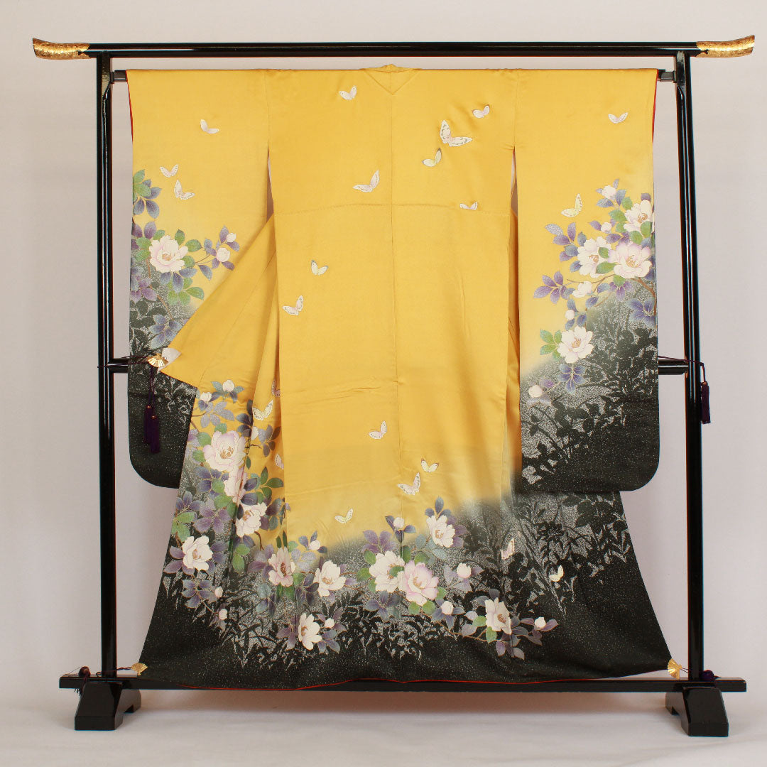 振袖 身丈159cm 裄丈67cm 袷 蝶 花柄 正絹 Aランク 黄系 1113000383323