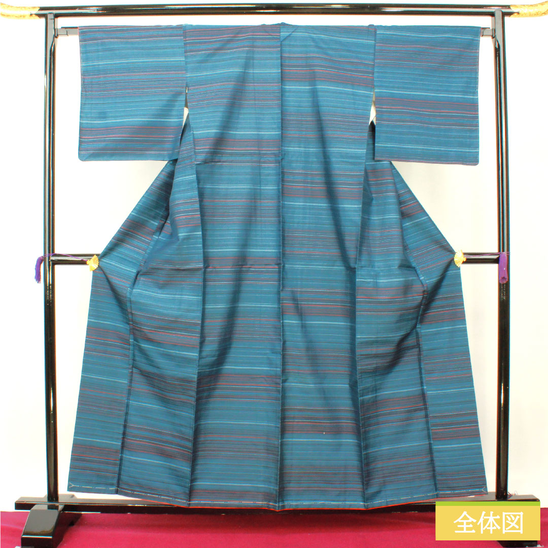 Tsumugi silk, length 160cm, sleeve length 66cm, Noshime Hanairo (flower color), Striped Oshima, with basting thread, A rank, lined, blue, 1116003643417
