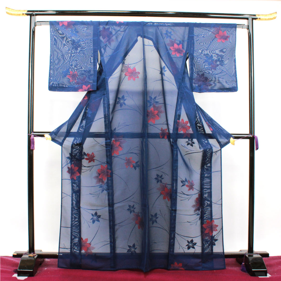 夏物 正絹 小紋 身丈168cm 裄丈63.5cm 紺桔梗色(こんききょういろ) 草花模様 しつけ糸付き 未使用品 紗 Sランク 紺系 1132001282518