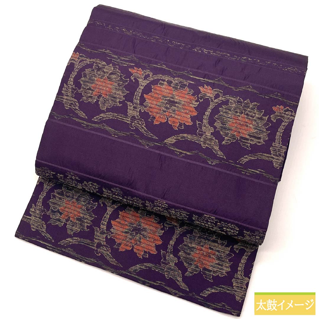 Nagoya Obi, Eggplant Navy Blue (Nasukon Iro), Puffed Weave, Chinese Flower Pattern, Length 354cm, Pure Silk, S Rank, Six-Ply, Semi-Formal, Purple, Item Number 1124008872320, Nagoya Style