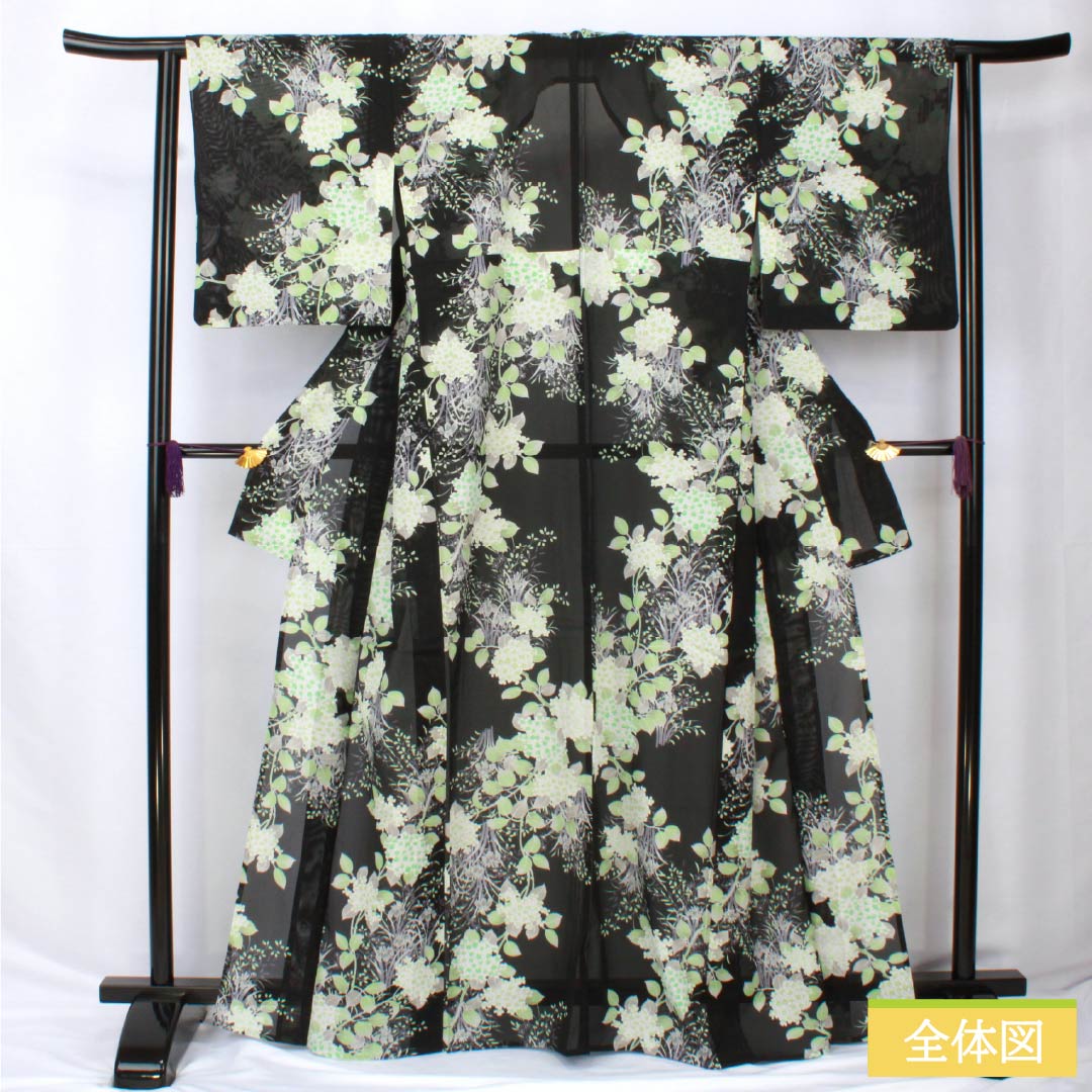Summer kimono, polyester, small pattern, length 167cm, sleeve length 63.5cm, hydrangea, iris, washable kimono, silk, A rank, black, 1132002283510