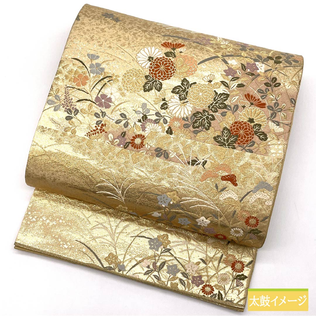 Fukuro Obi, Pure Silk, Four Seasons Flowers, For Tomesode, Length 428cm, S Rank, Six-way, Formal, Gold, 1123014032321