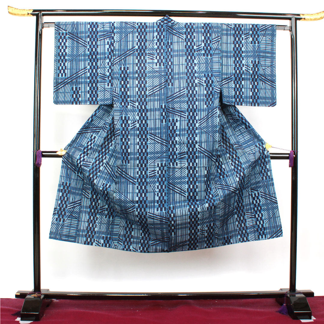 浴衣 男物 しつけ糸付き 未使用品 幾何学模様 木綿 Sランク 単衣 身丈138cm 裄丈65cm グラデーション系 1118003772199