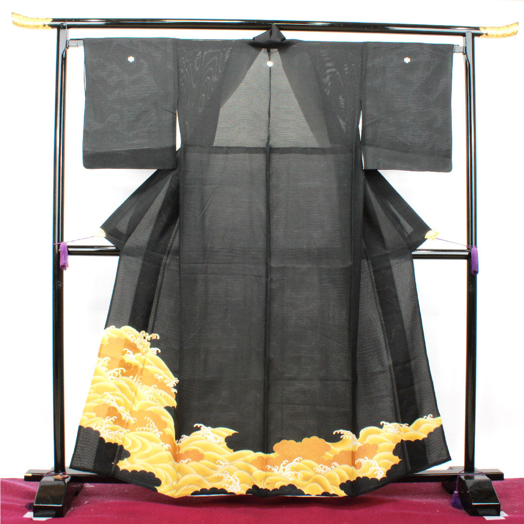 Summer polyester black formal kimono, length 159.5cm, sleeve length 66cm, wave pattern, washable kimono, Gosankiri, silk, B rank, black, 1132001474310