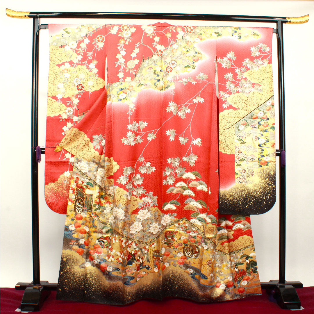 振袖 身丈163.5cm 裄丈67.5cm 袷 甚三紅色 京友禅 御所車 吉祥文様 作家物 正絹 Aランク 朱系 1113001623416