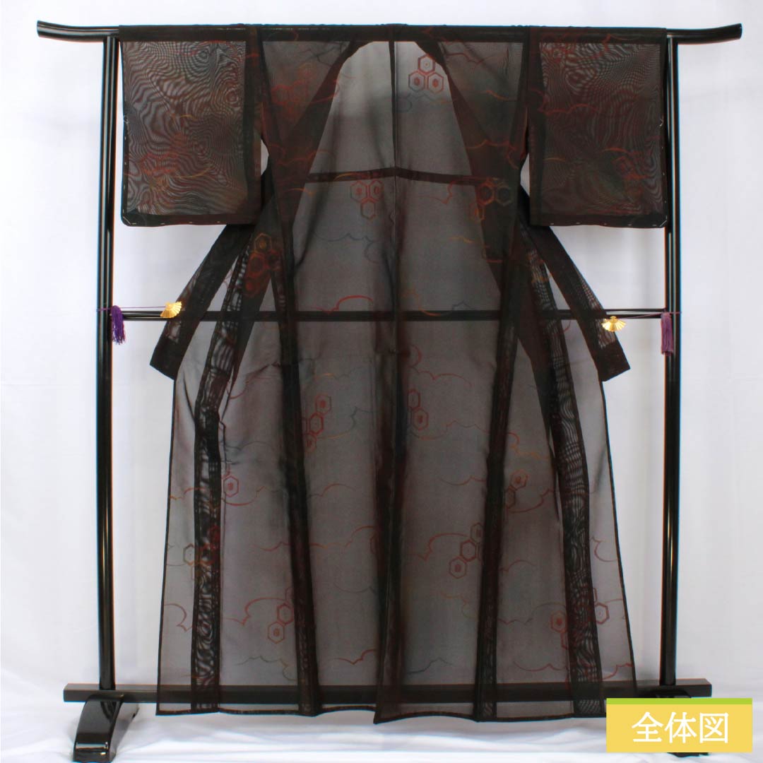 夏物 正絹 小紋 身丈163cm 裄丈65cm 亀甲 雲取り 紗 Sランク 黒系 1132002002410