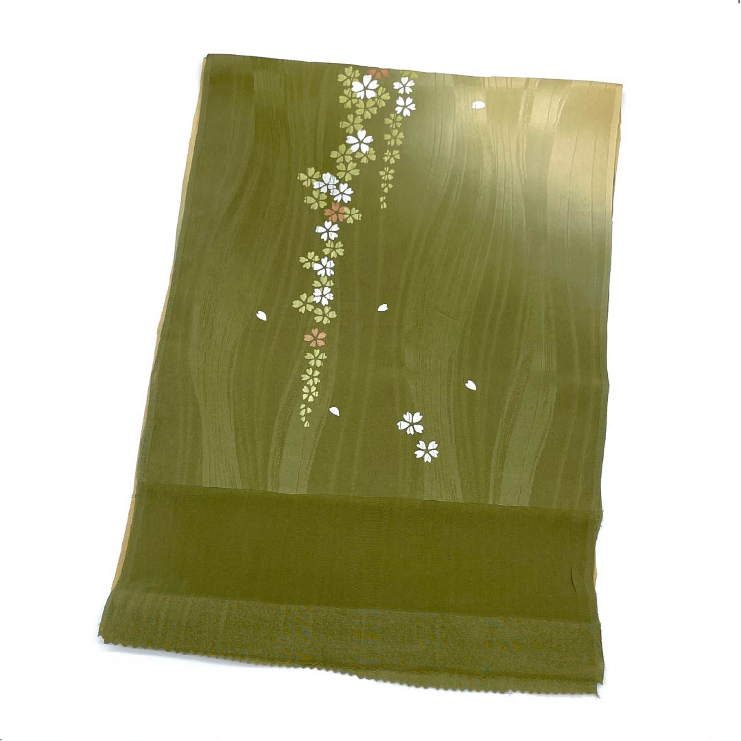 帯揚げ 正絹 セミフォーマル 利休茶色(りきゅうちゃいろ) 桜 古典柄 長さ約170cm 幅約29.5cm Sランク 緑系 1136000302919