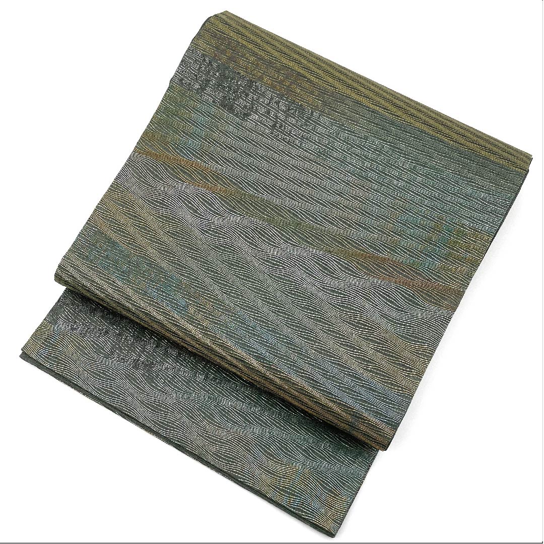 Fukuro Obi Minato Susutake Iro (Minato Susutake Iro) Summer Obi Horizontal Stripes Abstract Pattern Obi Length 428cm Pure Silk S Rank Six-Pass Semi-Formal Green 1123007262319
