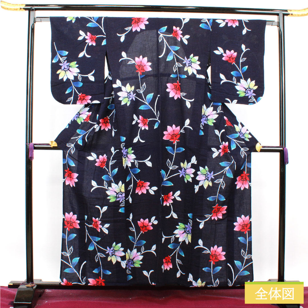 Yukata Cotton Length 158cm Sleeve length 61.5cm S rank Single layer Navy Deep navy Abstract flower 1118004862318