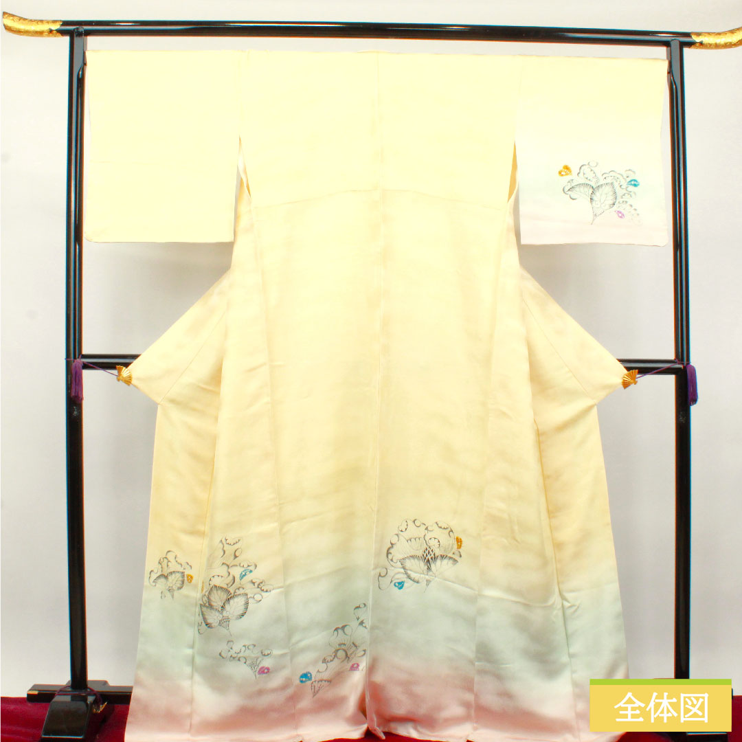 Homongi, pure silk, lined, length 171.5cm, sleeve length 72.5cm, lacquered color, Tsujigahana pattern, basting thread included, unused, S rank, cream color, 1112003452615