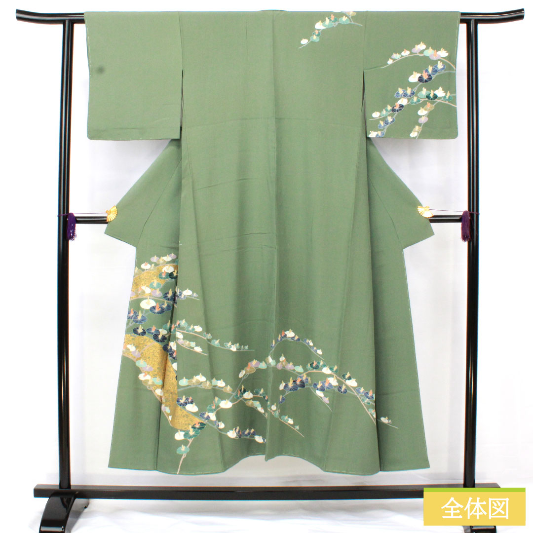 Homongi, pure silk, lined, length 146.5cm, sleeve length 60cm, rokan-iro, Kyoto yuzen, abstract pattern, basting thread included, unused, S rank, green, 1112005102119