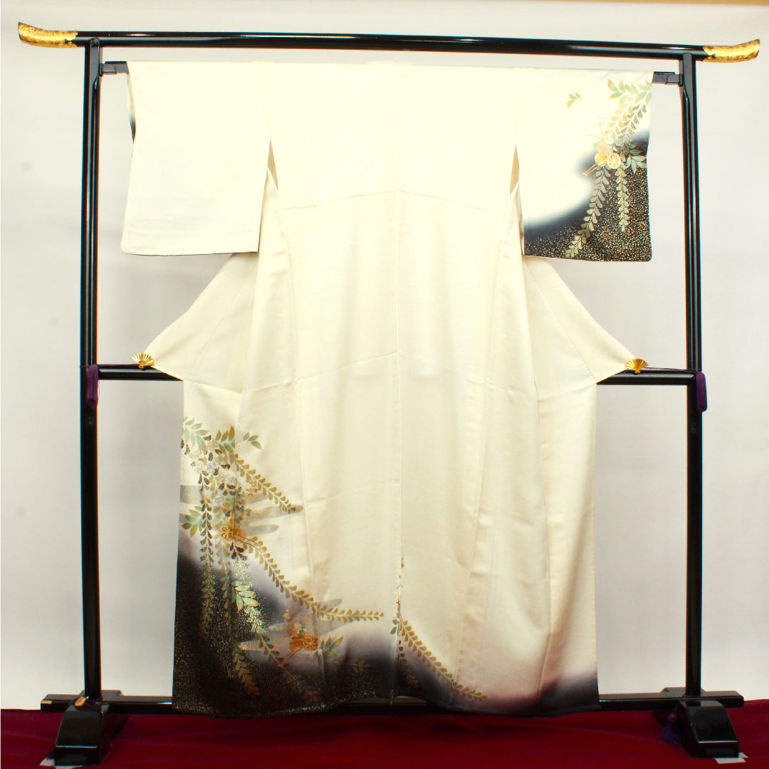訪問着 正絹 単衣 身丈158.5cm 裄丈64cm 乳白色 金彩加工 花車 草花模様 Sランク クリーム系 1112003292315