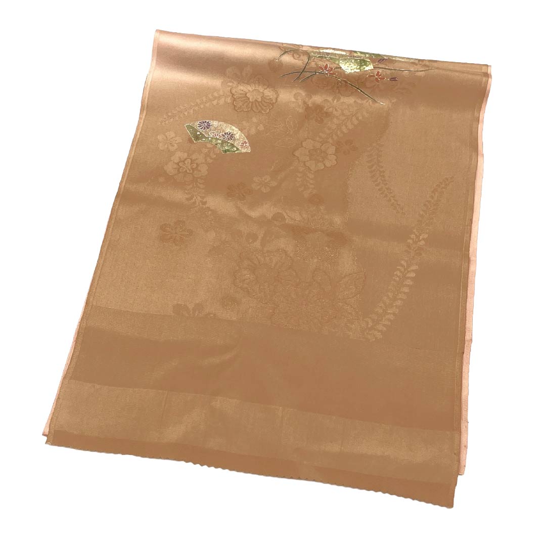帯揚げ 正絹 Sランク セミフォーマル 水柿色(みずがきいろ) 辻が花 金彩 古典柄 長さ約168cm 幅約30cm 茶系 1136003892914