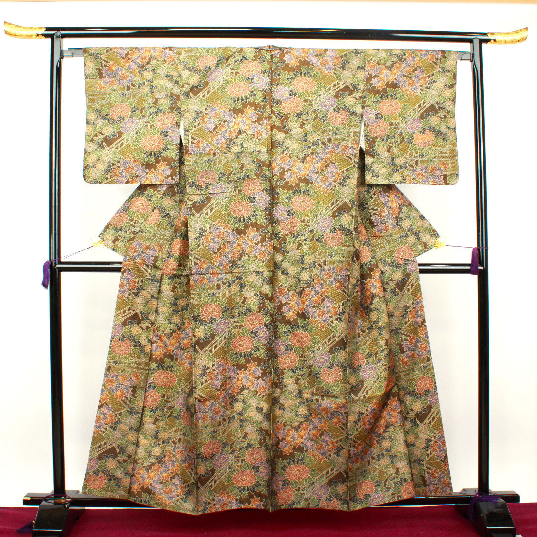 小紋 身丈158.5cm 裄丈64cm 袷 苦色 草花模様 正絹 Aランク 茶系 1115002723314