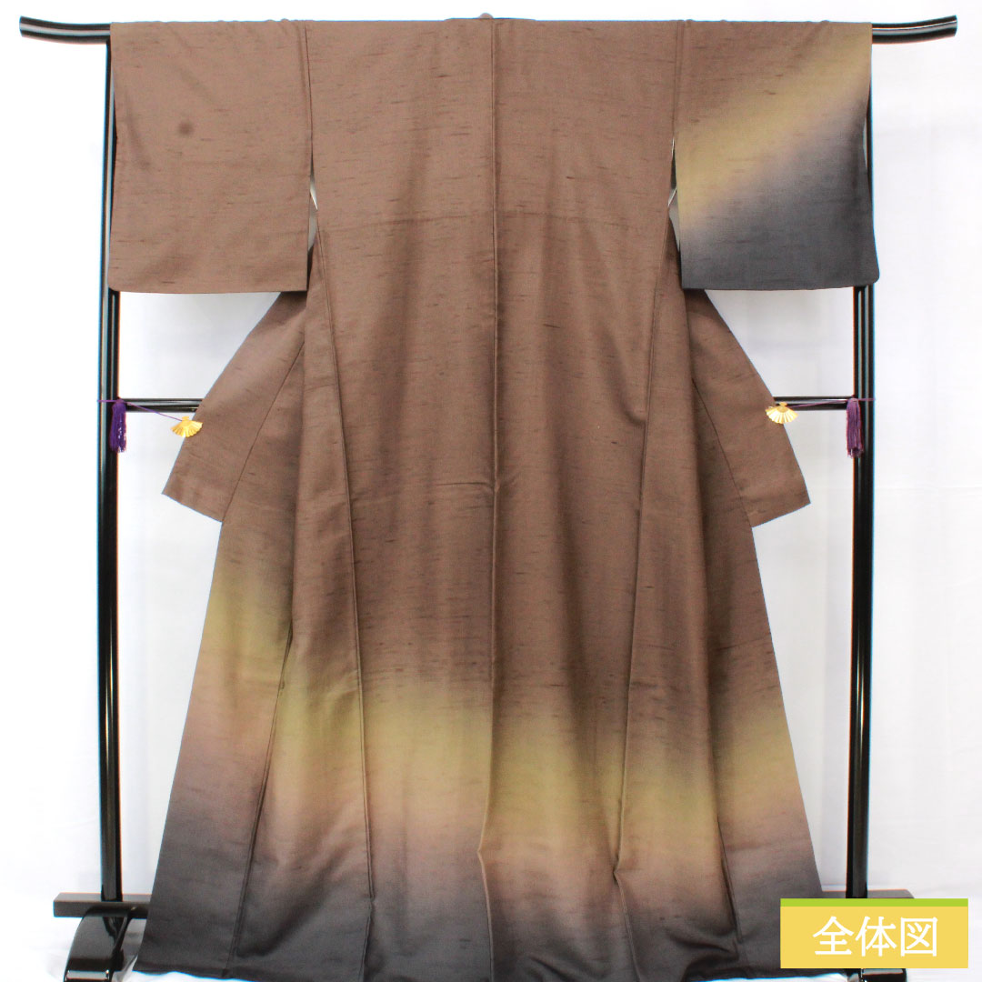 Homongi (formal kimono) made of pure silk, lined, length 169.5cm, sleeve length 66cm, smoked color (fusubeiro), pongee fabric, blurred pattern, A rank, brown, 1112005343514