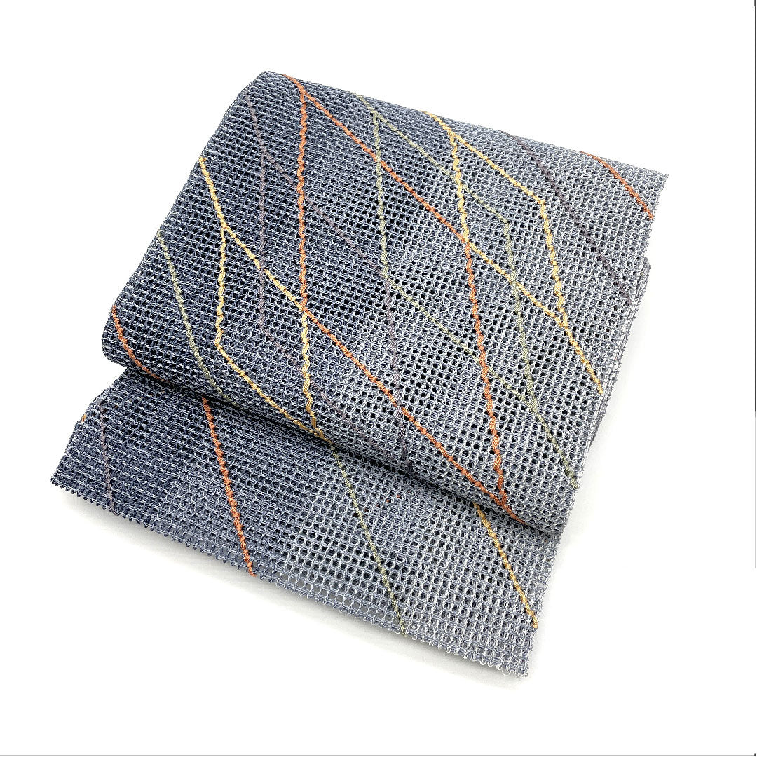 Nagoya obi with line drawing pattern, obi length 368cm, pure silk, S rank, six-pass, casual, gray, 1124001322322, open tailoring