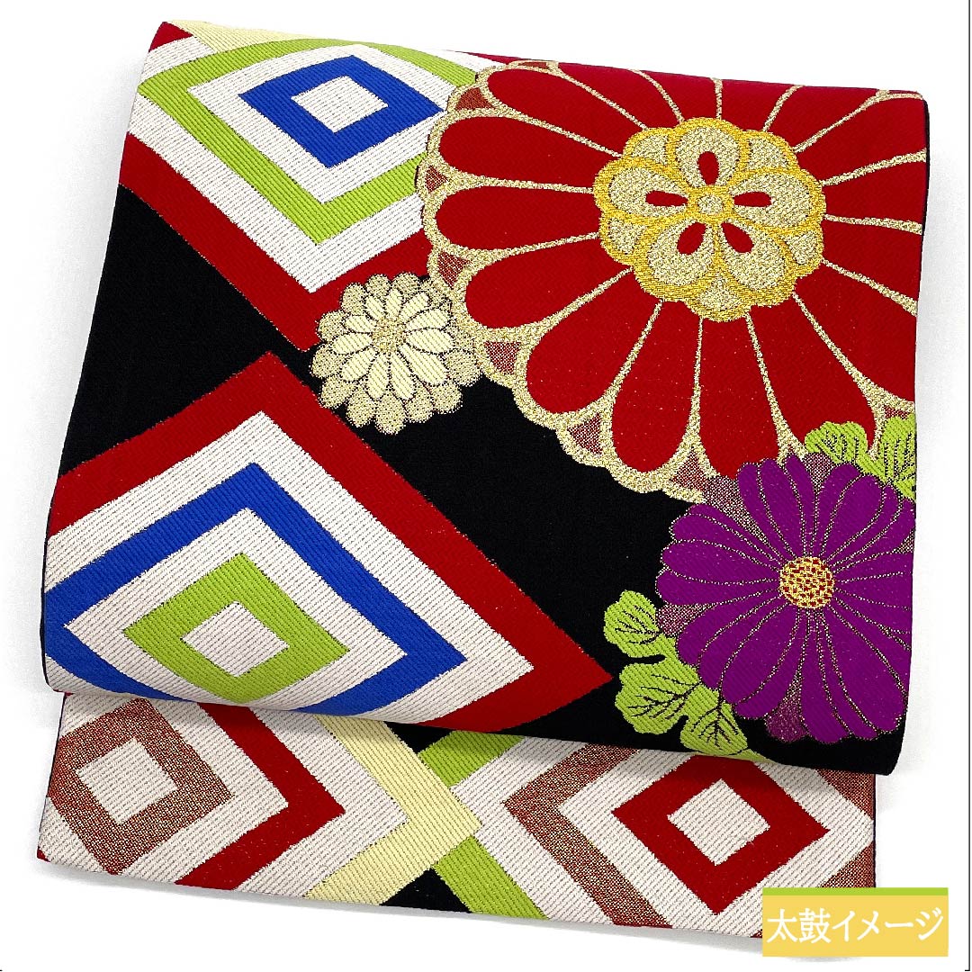 Fukuro Obi, Pure Silk, Black, Diamond, Chrysanthemum, Length 440cm, A Rank, Six-way, Formal, Black, 1123011633310