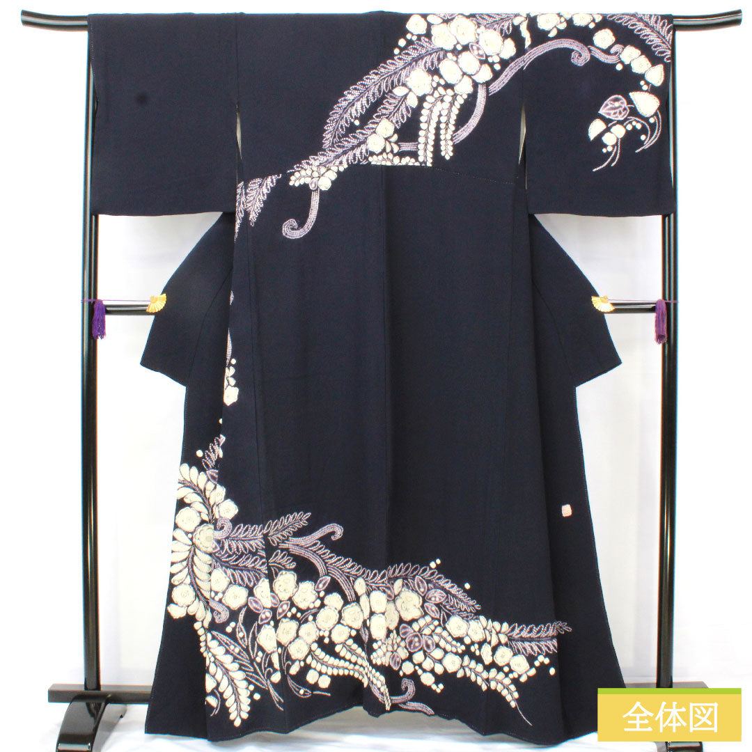 Homongi, pure silk, lined, length 158cm, sleeve length 67cm, blue-brown, Tsujigahana, partially dyed, A rank, navy blue, 1112005163318