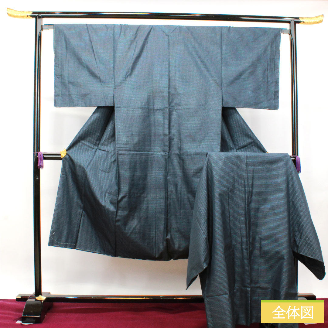Men's pure silk, length 136.5cm, sleeve length 67cm, Oshima Tsumugi, tortoiseshell pattern, basting thread included, ensemble, S rank, lined, navy blue, 1119000712318
