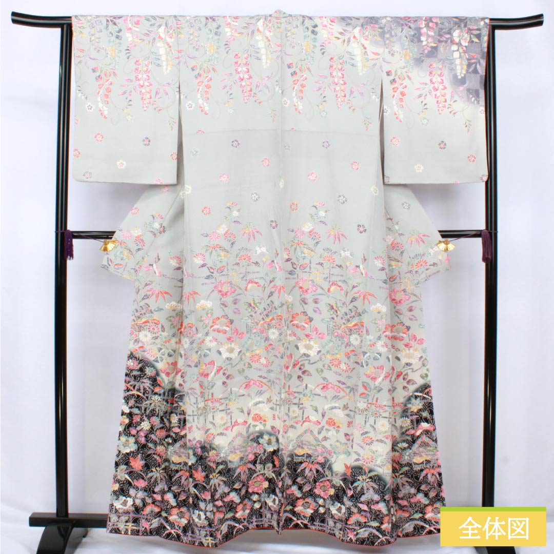 Visiting Kimono, Pure Silk, S Rank, Lined, Length 160cm, Sleeve Length 64cm, Kyoto Yuzen, Wisteria and Cherry Blossom Design, Gray, Product Number: 1112006302422