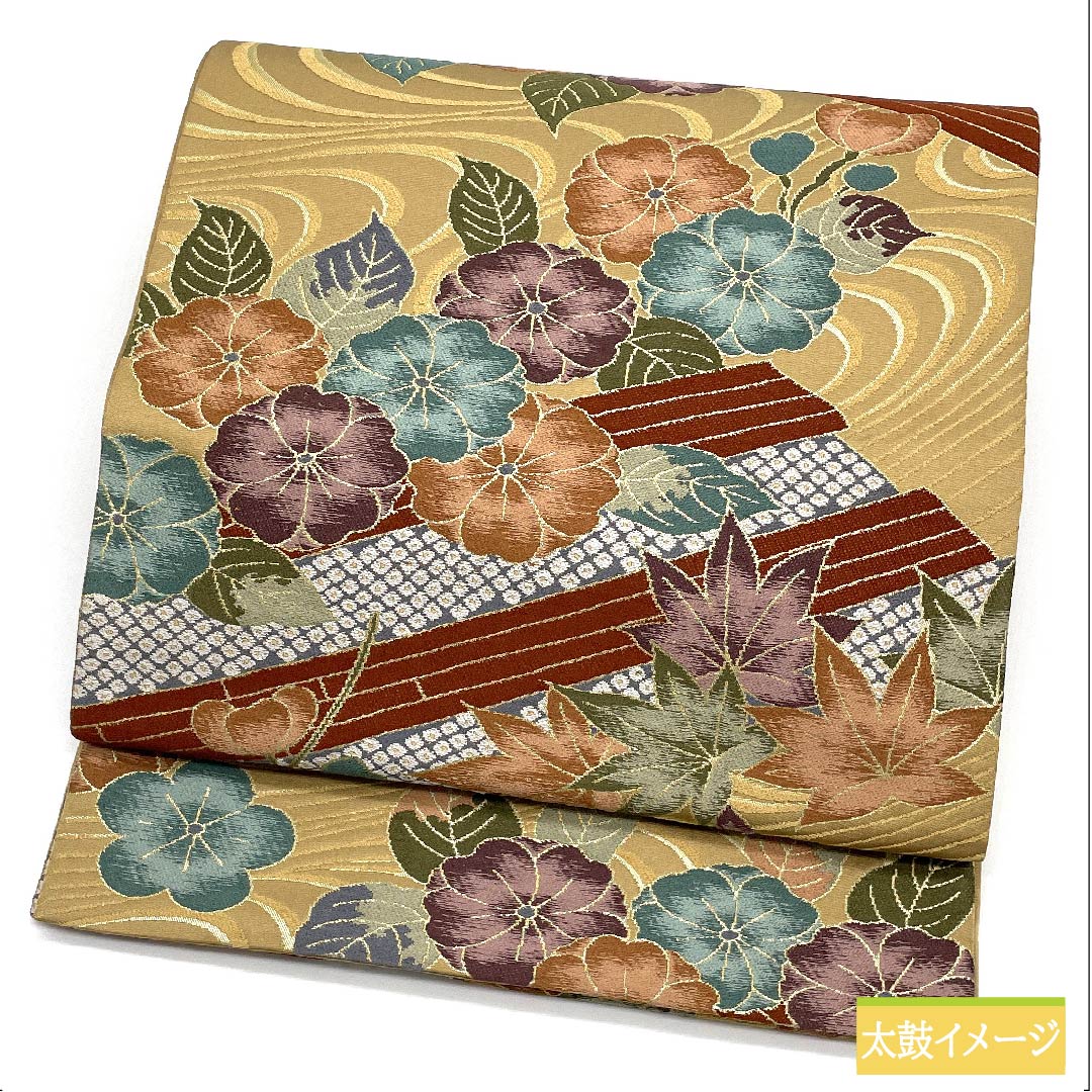 Fukuro Obi, pure silk, Yamabuki Nezuiro (Yamabuki gray), maple leaves, Shirayaen Oba, classic pattern, floral pattern, obi length 433cm, S rank, six-pass, formal, beige, 1123011322325