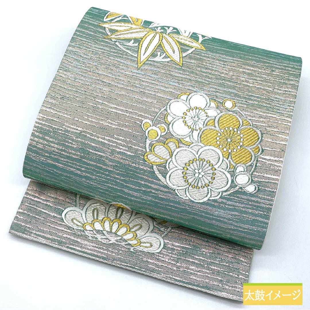 Fukuro Obi (Sash) made of pure silk, in flower green and blue (hanarokushoiro), for long-sleeved kimono and tomesode, with pine, bamboo and plum motifs, obi length 438cm, S rank, six-pass, formal, green, 1123013722319