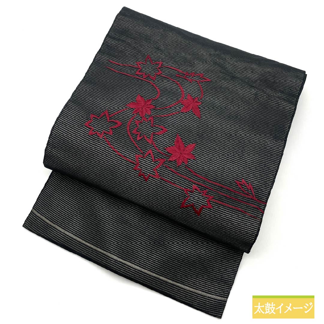 Nagoya Obi, Pure Silk, Summer Obi, Autumn Leaves Embroidery, Obi Length 367cm, S Rank, Point Pattern, Semi-Formal, Black, 1124006752310, Nagoya Made