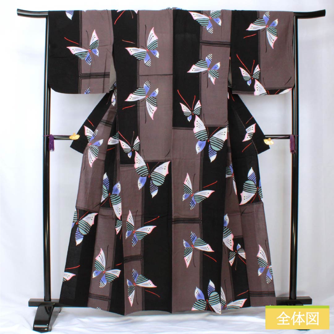 Cotton Yukata, Length 158cm, Sleeve Length 67cm, Rank B, Single Layer, Monotone, Grape Gray, Butterfly Design, 1118005824327