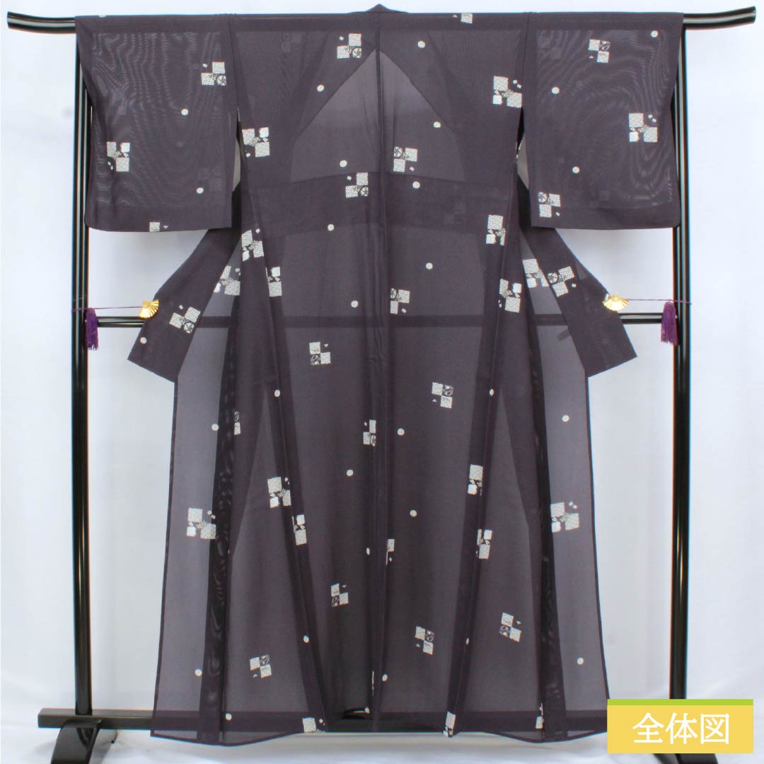 夏物 正絹 小紋 身丈158cm 裄丈67cm 褐色(かちいろ) 型染 飛び市松 古典柄 絽 Sランク 紫系 1132002802320