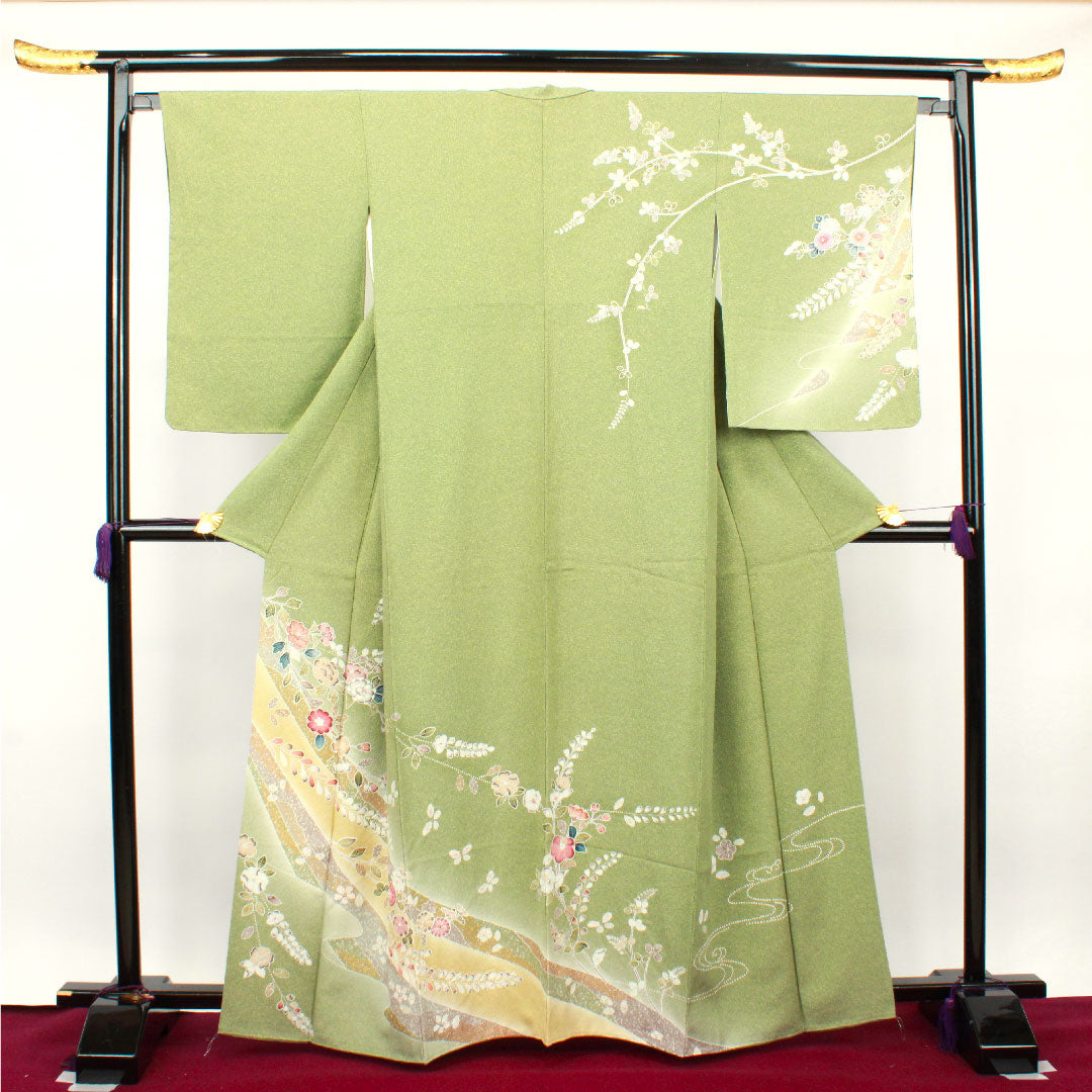 訪問着 正絹 袷 身丈163cm 裄丈65cm 根岸色(ねぎしいろ) 草花模様 しつけ糸付き Sランク 緑系 1112002222419