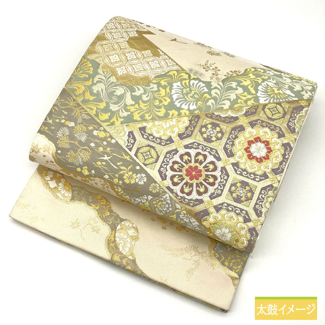 Fukuro Obi (sash), pure silk, B-grade, milky white, Nishijin-ori (fine weave), auspicious motifs, length 448cm, six-pass, formal, cream-colored, product number 1123016094315