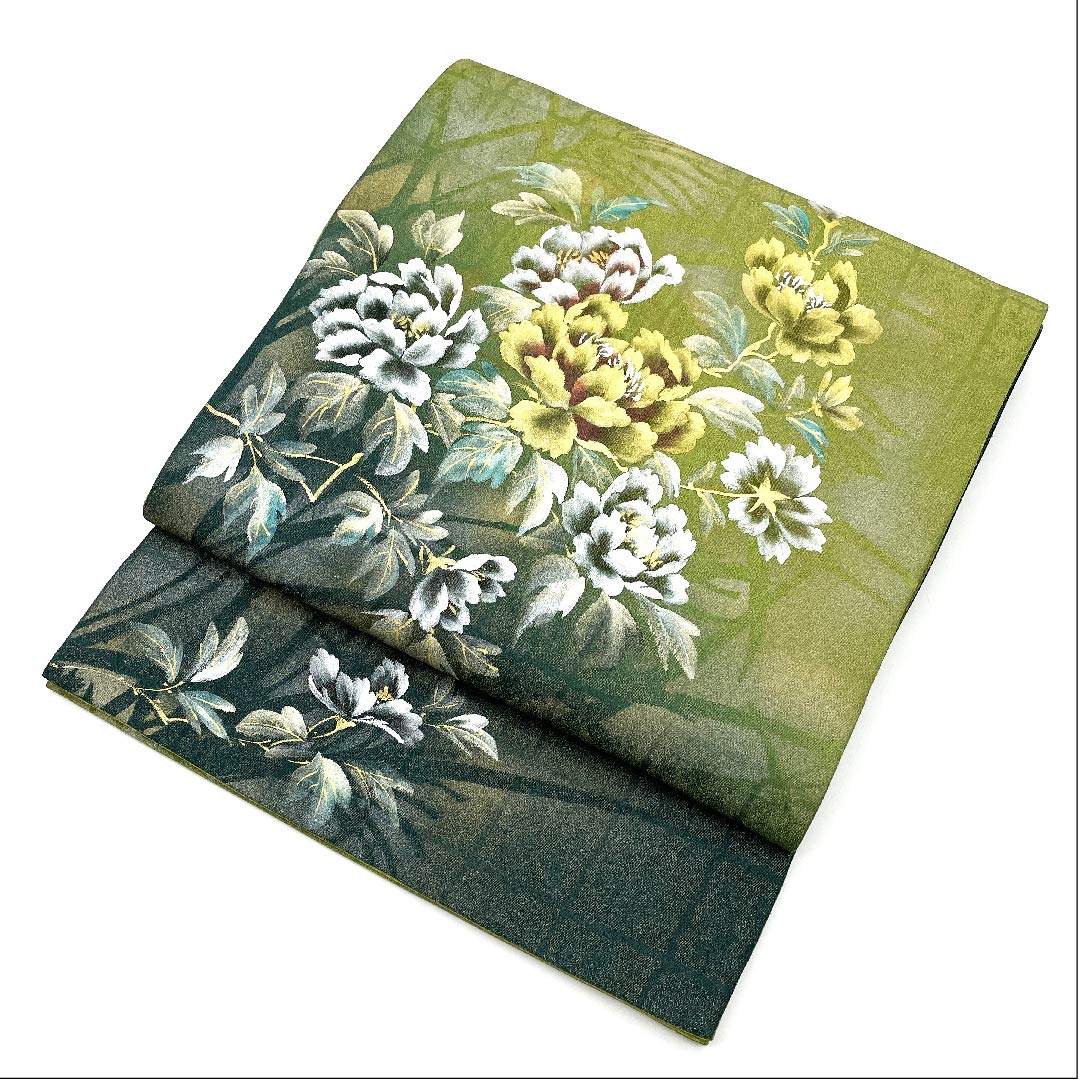 Fukuro Obi (Pine Needle Color) Flower Pattern Dyed Obi Length 440cm Pure Silk B Rank Point Pattern Semi-Formal Green 1123005534319
