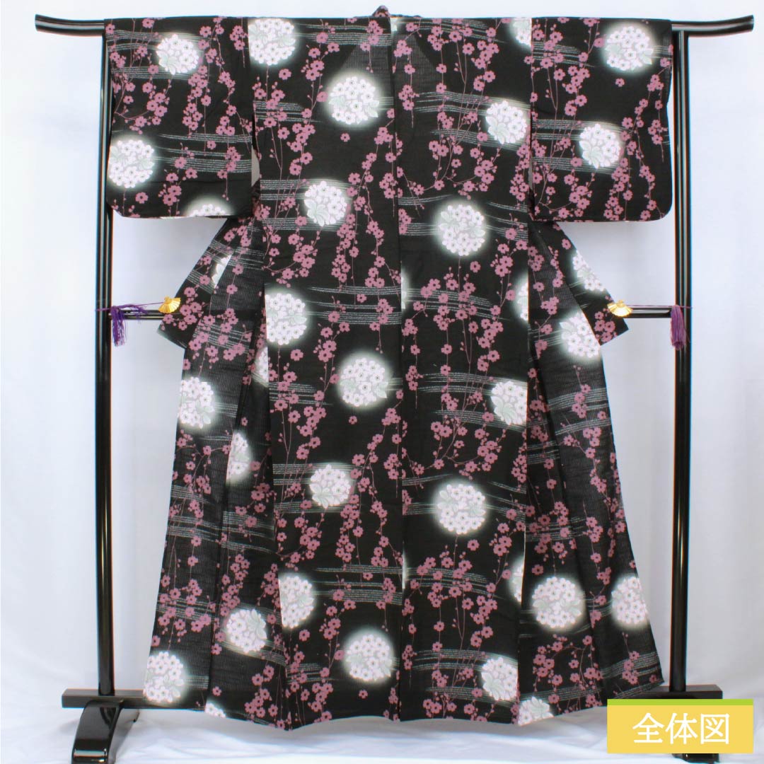 Cotton Yukata, Length 159cm, Sleeve Length 66cm, S Rank, Single Layer, Black with Floral Pattern, Vertical Silk, 1118006462310