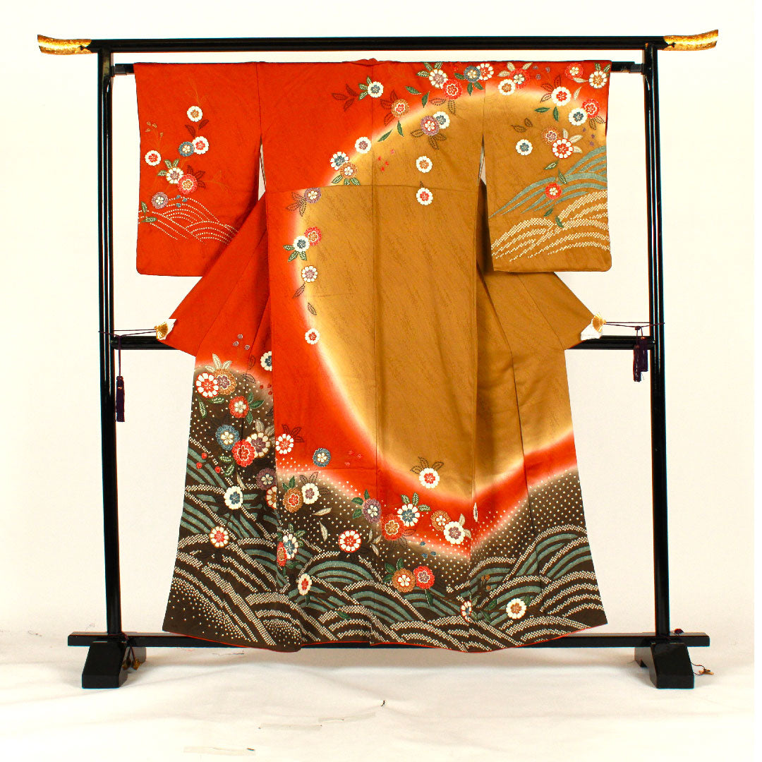 Homongi, lined, length 158cm, sleeve length 64cm, tie-dyed, floral pattern, pure silk, B rank, brown, 1112001044314