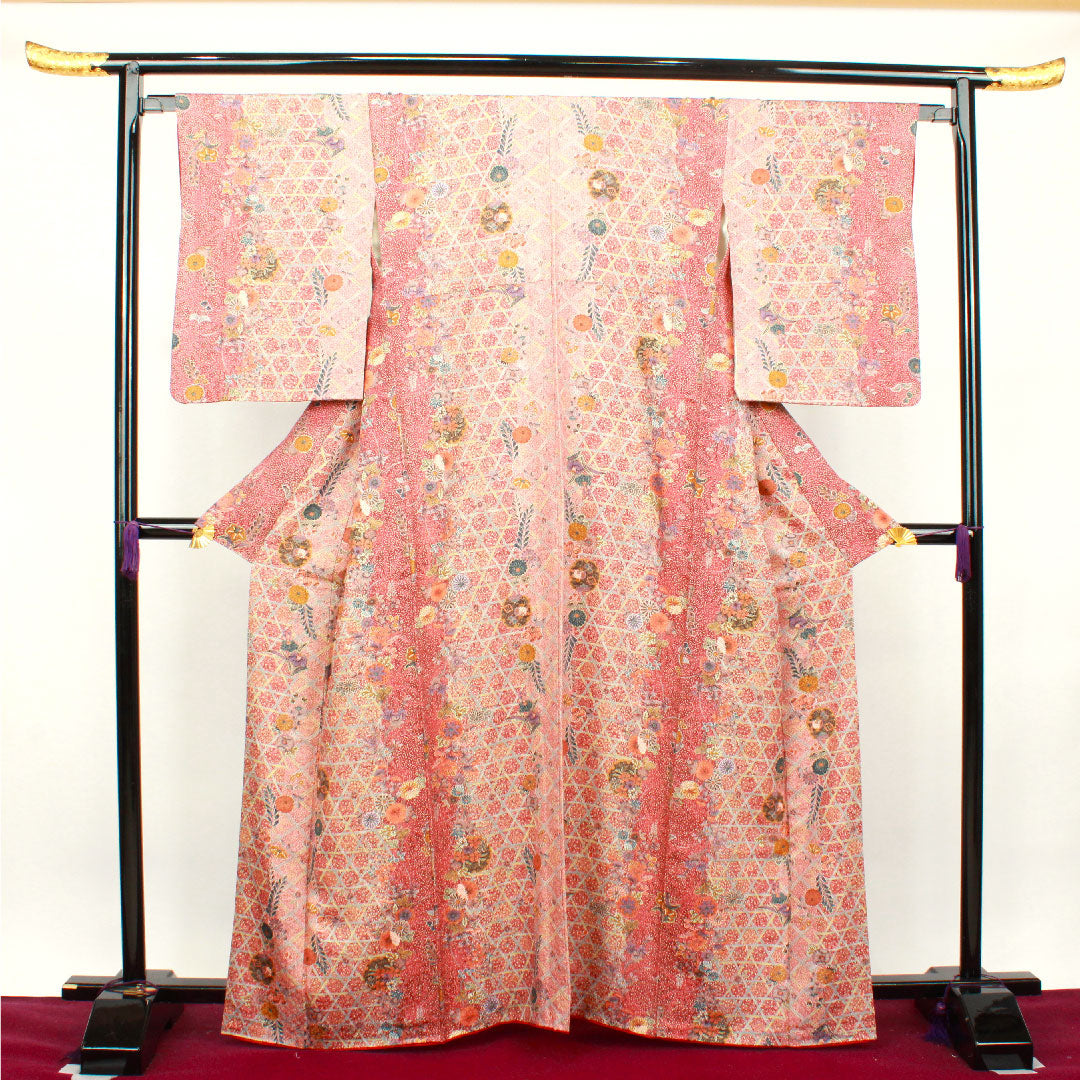 小紋 身丈163.5cm 裄丈64cm 袷 小豆色 草花模様 正絹 Aランク 赤系 1115003293412