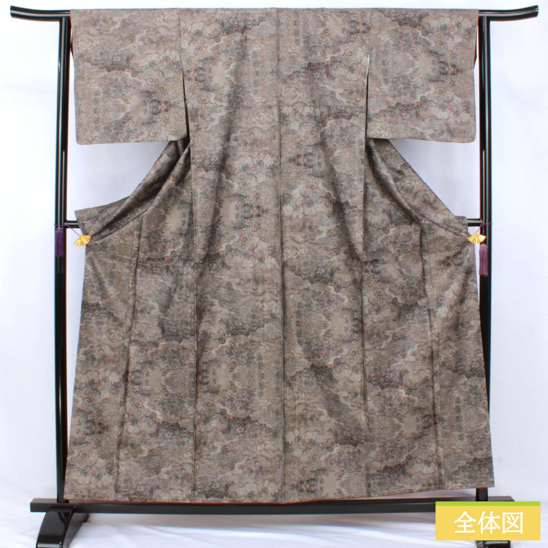 Tsumugi Silk S rank Length 159cm Sleeve-to-shoulder 60.5cm Brownish-gray Murayama Oshima Cloud pattern and floral design Lined Gray system 1116004832322