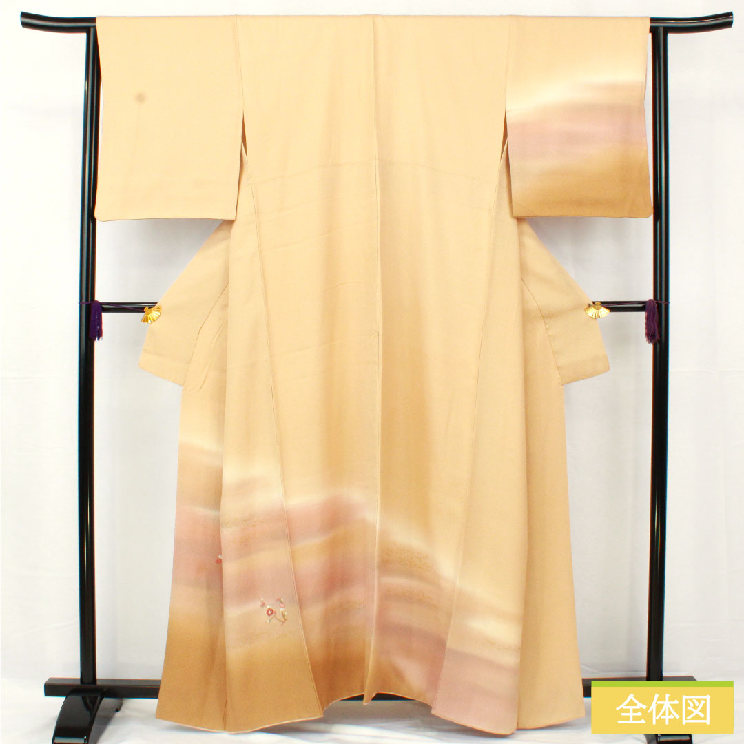 Homongi, pure silk, lined, length 162.5cm, sleeve length 64cm, koji-iro, Kyo-yuzen, tsukesage, plum, S rank, beige, 1112005292425