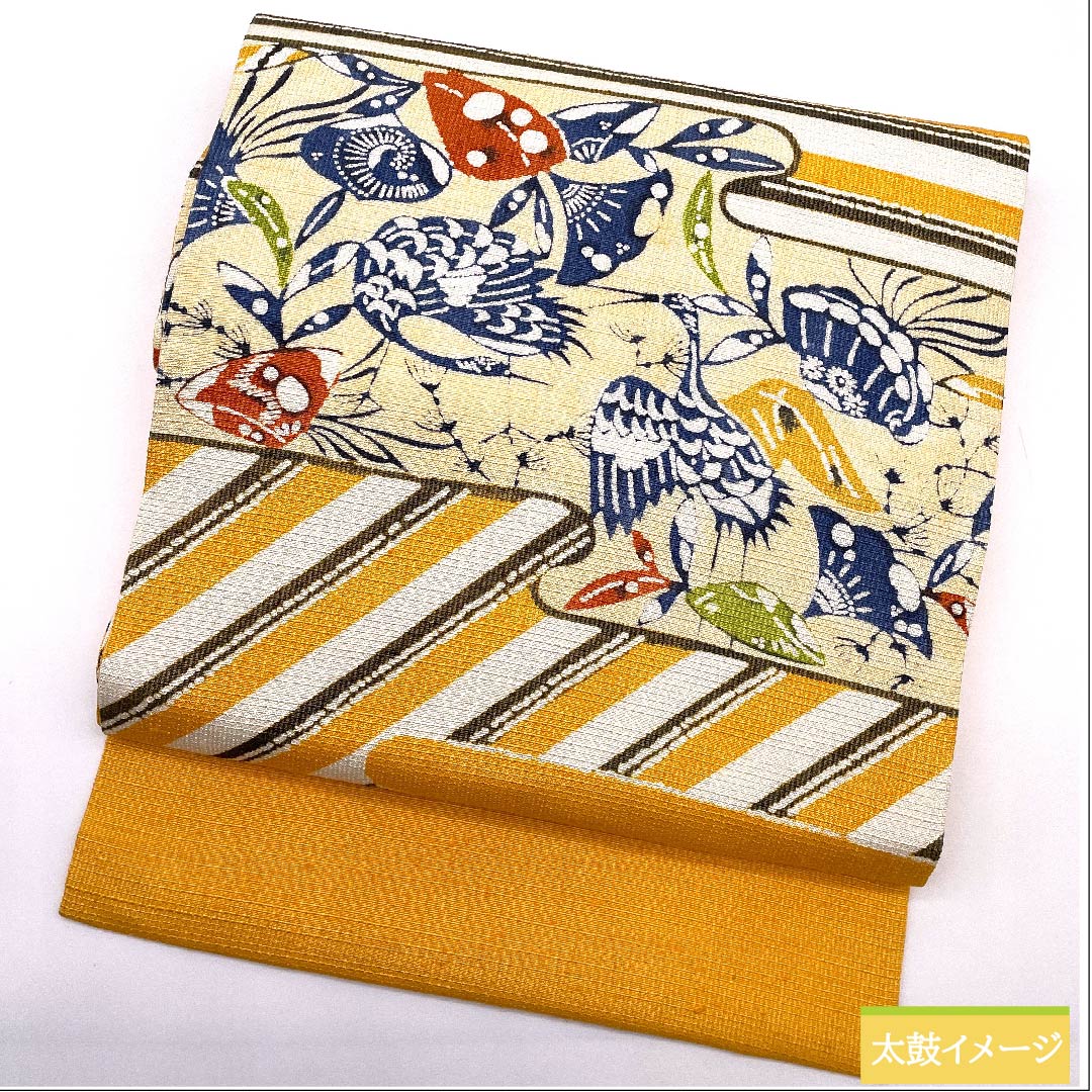 Nagoya obi, Forget-me-not color, stencil-dyed, crane, pongee fabric, obi length 362cm, pure silk, S rank, point pattern, casual, orange, 1124005482326, Nagoya style