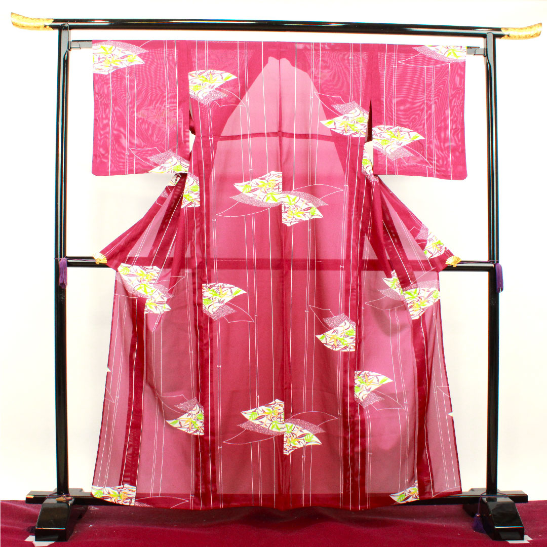 Summer kimono, polyester, small pattern, length 160.5cm, sleeve length 64cm, tsubosumireiro (purple), bamboo, fan surface, washable kimono, silk, S rank, purple, 1132001422420