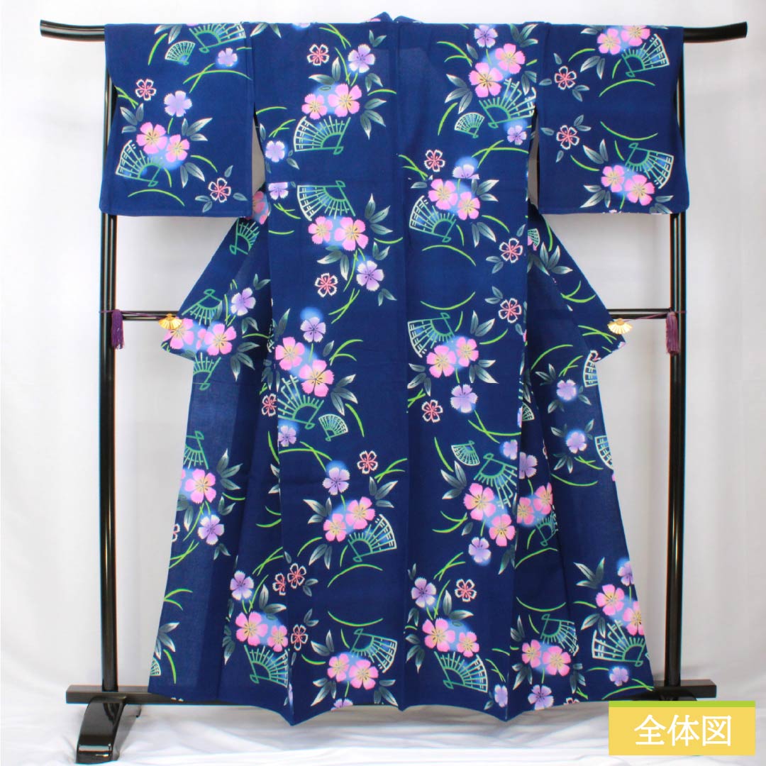 Cotton Yukata, Length 157cm, Sleeve Length 68.5cm, S Rank, Single Layer, Navy Blue, Cosmos, Fan Design, 1118005972318