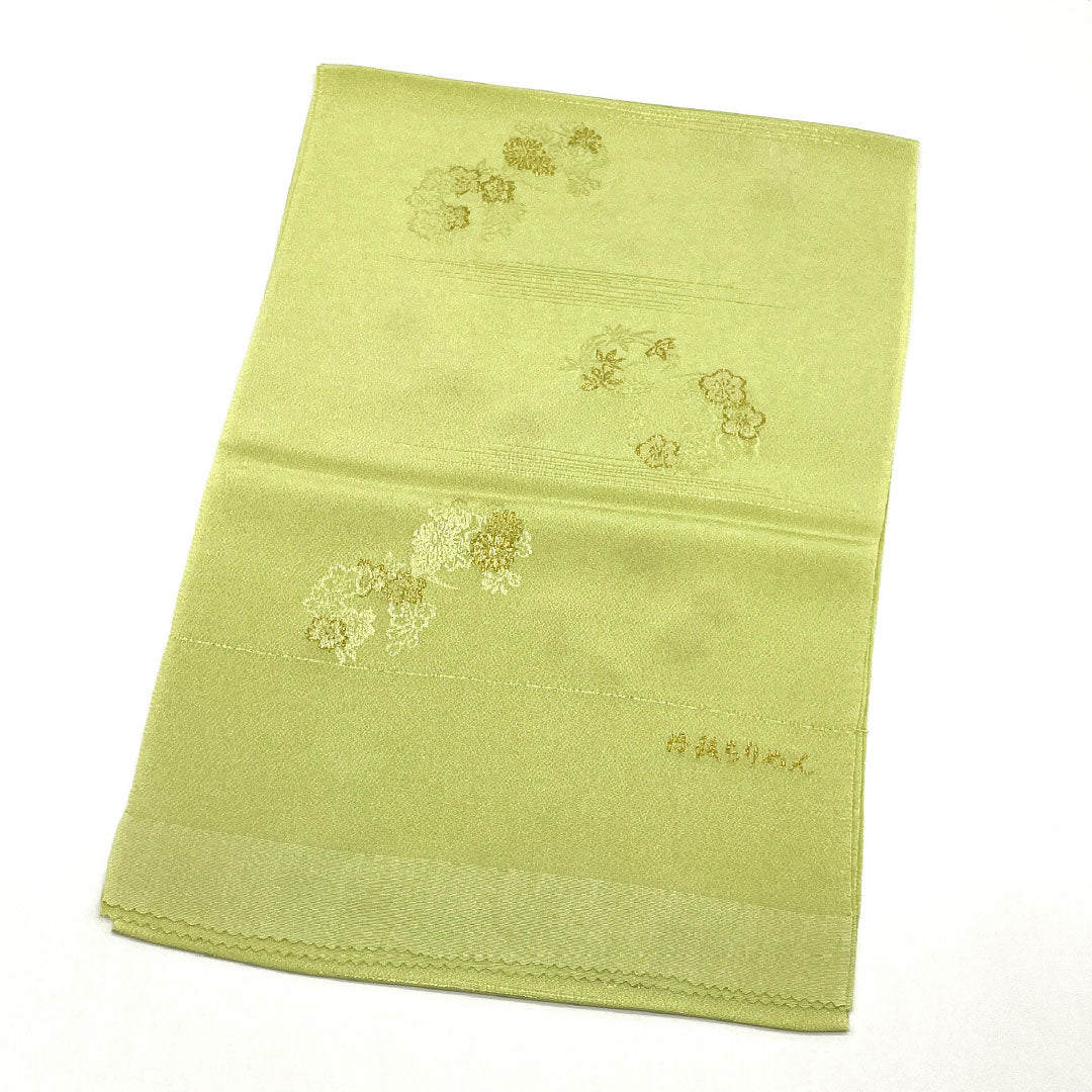 (新古品)帯揚げ 正絹 NEWランク セミフォーマル 若芽色(わかめいろ) 丹後ちりめん 花柄 刺繍 長さ約172cm 幅約28.5cm 緑系 1136001251919