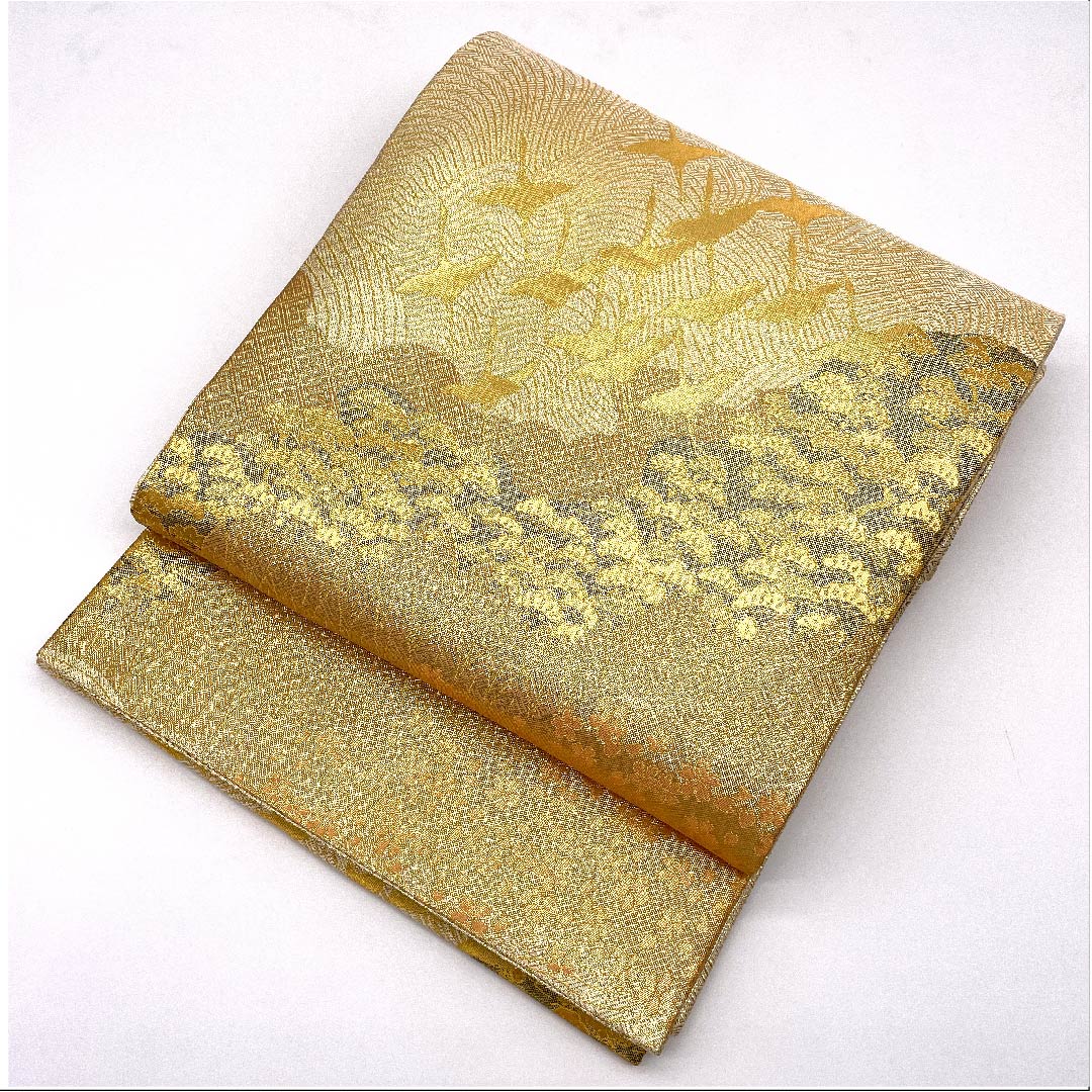 Fukuro Obi Gold Saga Nishiki Cherry Blossom Crane Length 450cm Pure Silk A Rank Six-way Formal Gold 1123006063321
