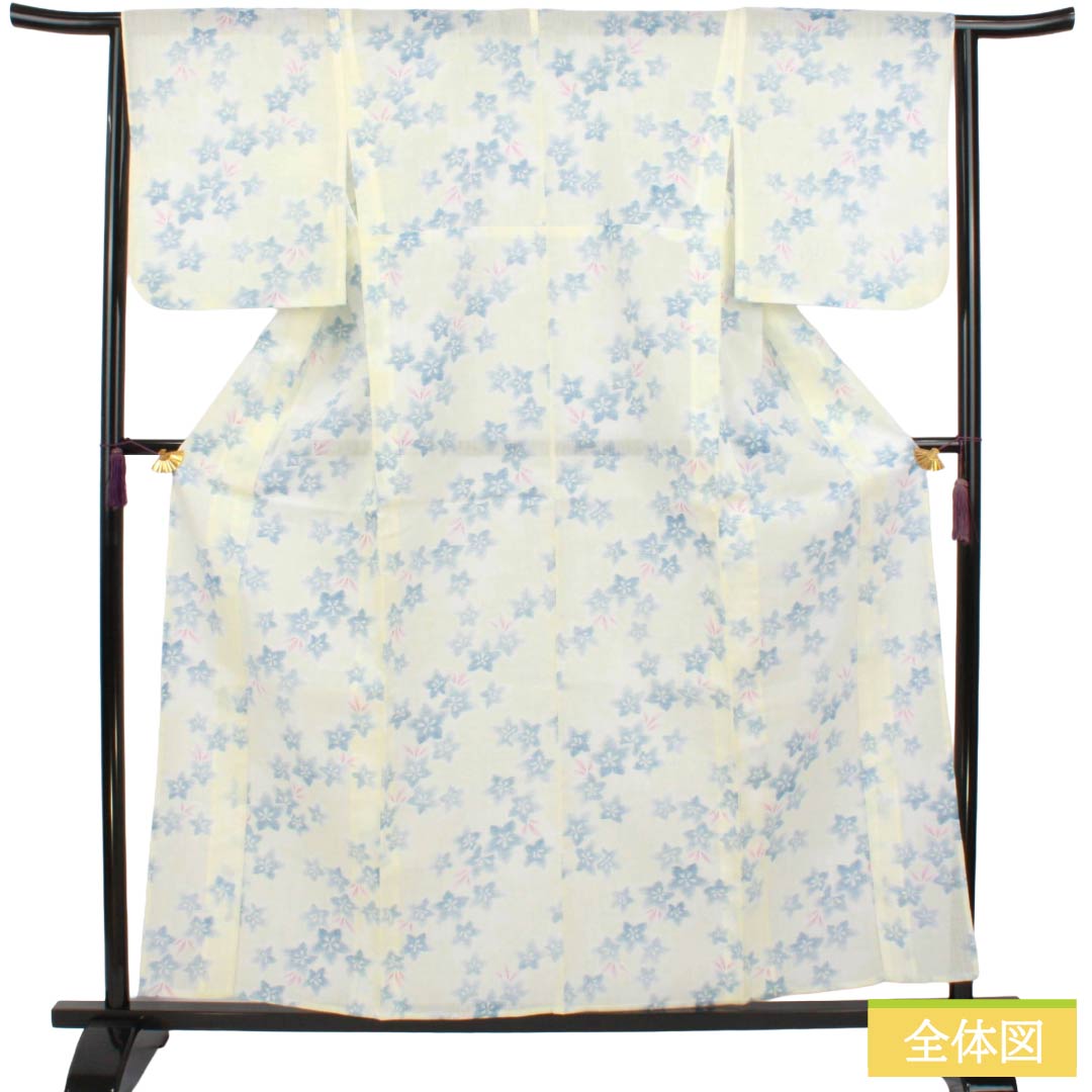 夏物 麻 紬 Sランク 身丈158.5cm 裄丈64cm 白百合色(しらゆりいろ) 夏上布 縮 花柄 紗 白系 1132003622311