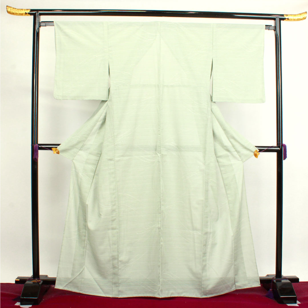 夏物 ポリエステル 小紋 身丈166cm 裄丈63.5cm 秘色色(ひそくいろ) 抽象模様 洗える着物 絽 Sランク 緑系 1132000882519