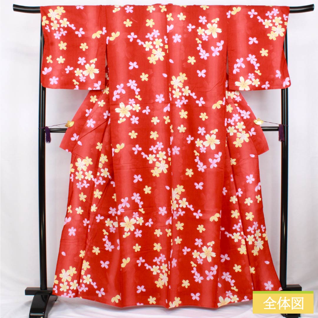 Cotton Yukata, Length 162cm, Sleeve Length 67.5cm, S Rank, Single Layer, Vermilion, Cinnabar, Cherry Blossom Design, 1118006512416