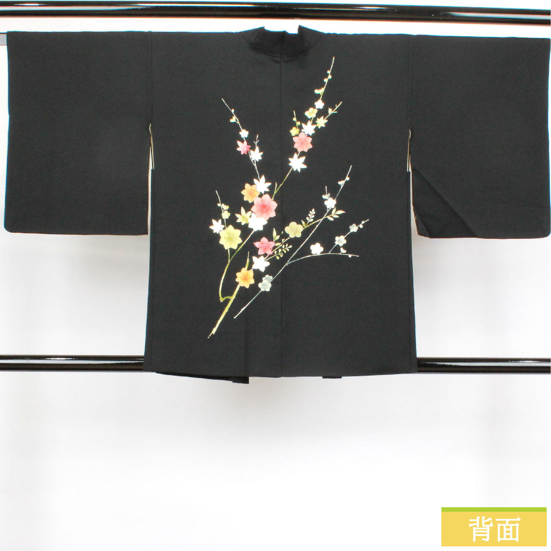 Haori, pure silk, length 78cm, sleeve length 64cm, black haori, Kyo-Yuzen, plum, autumn leaves, A rank, lined, black, 1117000793910