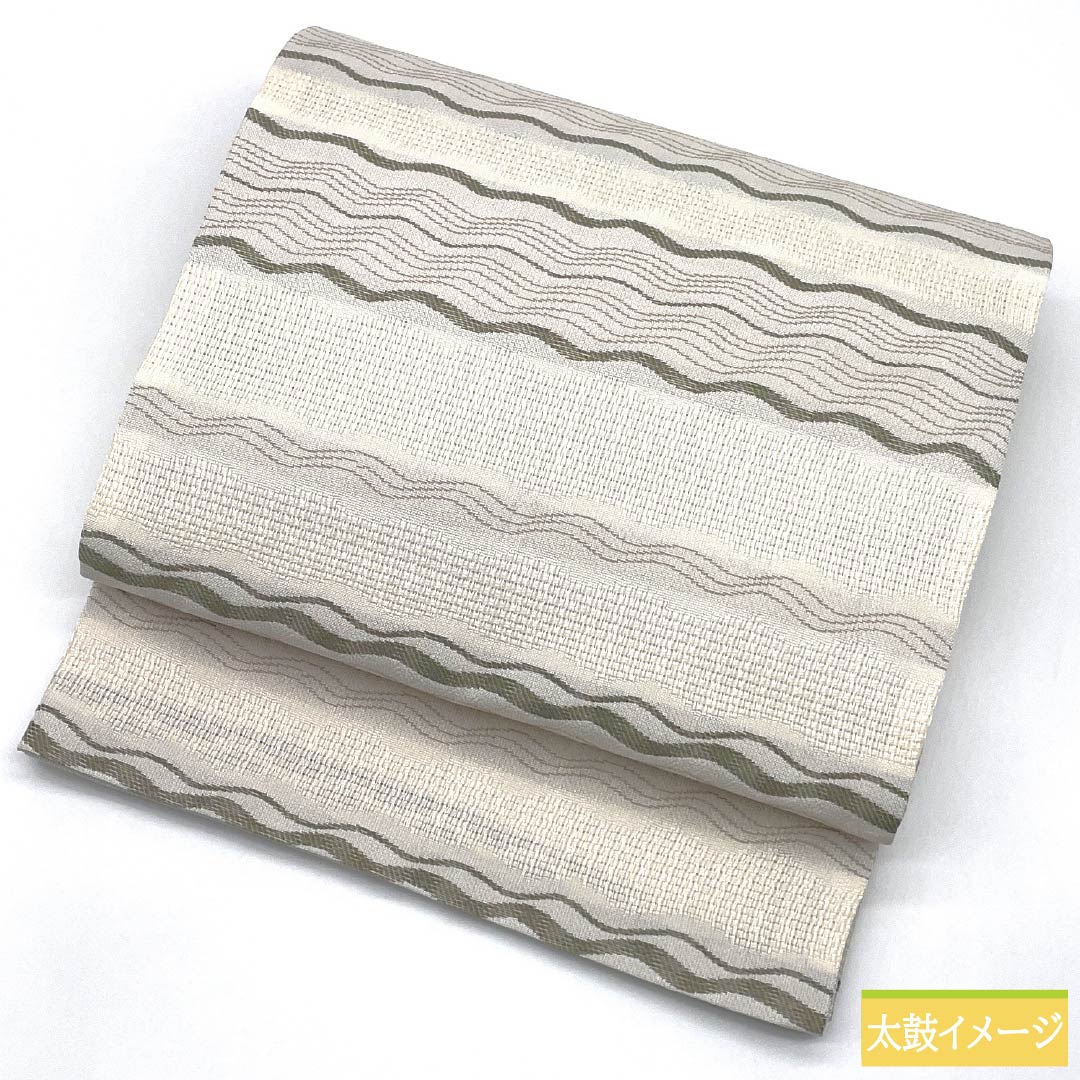 (Kyoto Fukuro Obi) Nagoya Obi, Polyester, S-Rank, Natural Color (Kinari-iro), Wave Pattern, Horizontal Stripes, Length 390cm, Full Length, Casual, White, Item Number 1124010902411, Open-Leg Style